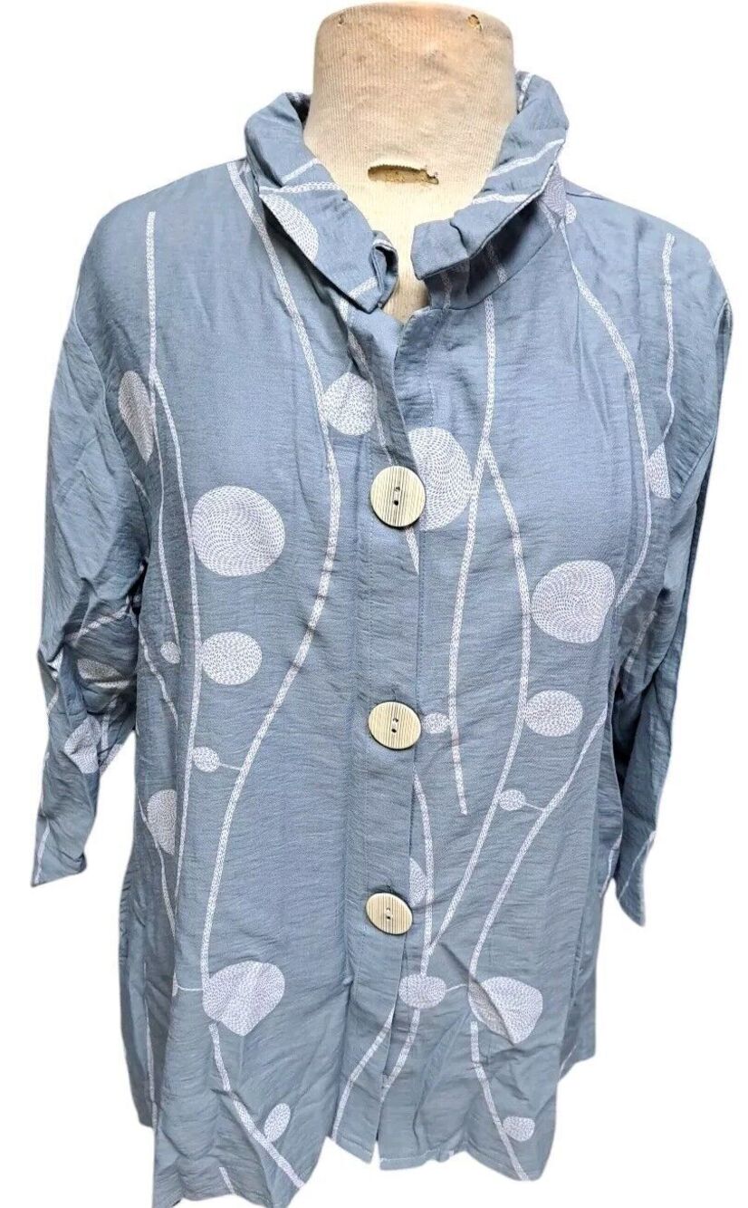 Whispers Tunic Button Down Top Women's Size L Blue White Artsy Retro Boho Chic